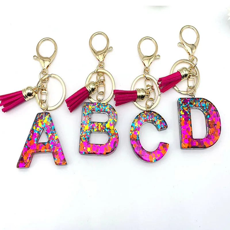 Classic 26 Letter Metal Keyring With Rose Red Tassel Keychain Bag Pendant Charms DIY Accessories Resin Alphabet Key Chain Gifts