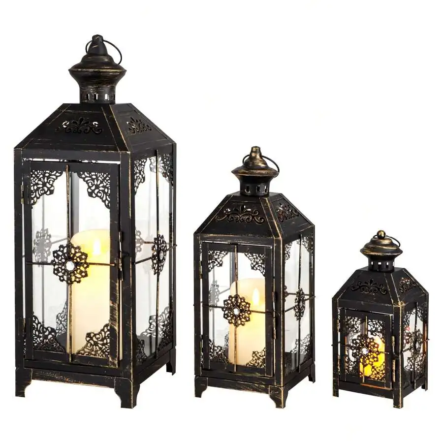 Set Of 3 Decorative Candle Lantern 19.5' High Metal Vintage Hanging Lantern For Front Porch Home Wedding Party, Festival Decorat