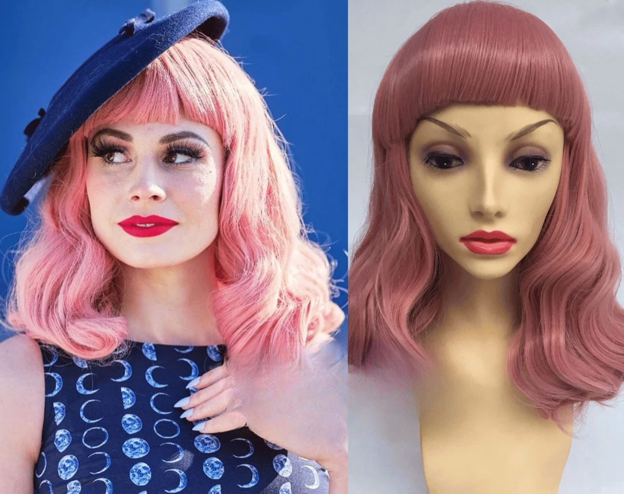 

DELUXE PINK WAVY CURLY MID LENGTH WIG WITH BLUNT FRINGE BANGS, ROCKABILLY, 50s