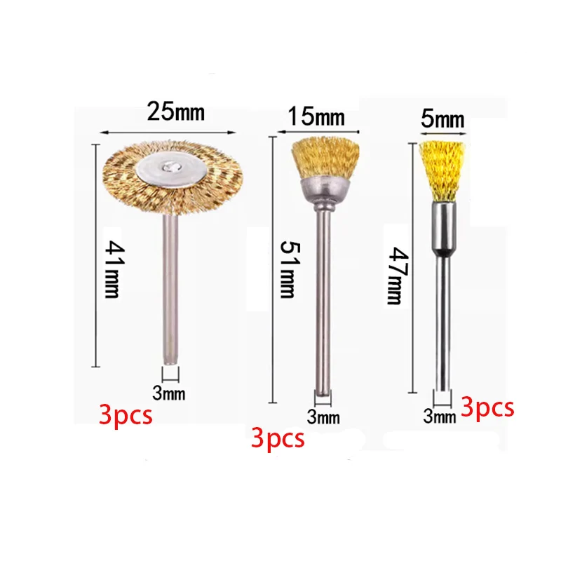 9pcs Steel Wire Brass Brush Rotary Tool Electric Dremel Drill Bit Polishing Grinding Wheel T-shaped Brush Accessories