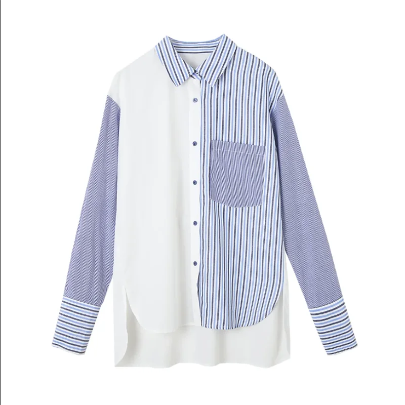 Striped Shirt For Women Blouses Patchwork Pocket Top Laple Long Sleeve Woman Clothes Blous Cardigan Buckle Top Loose Split Shirt