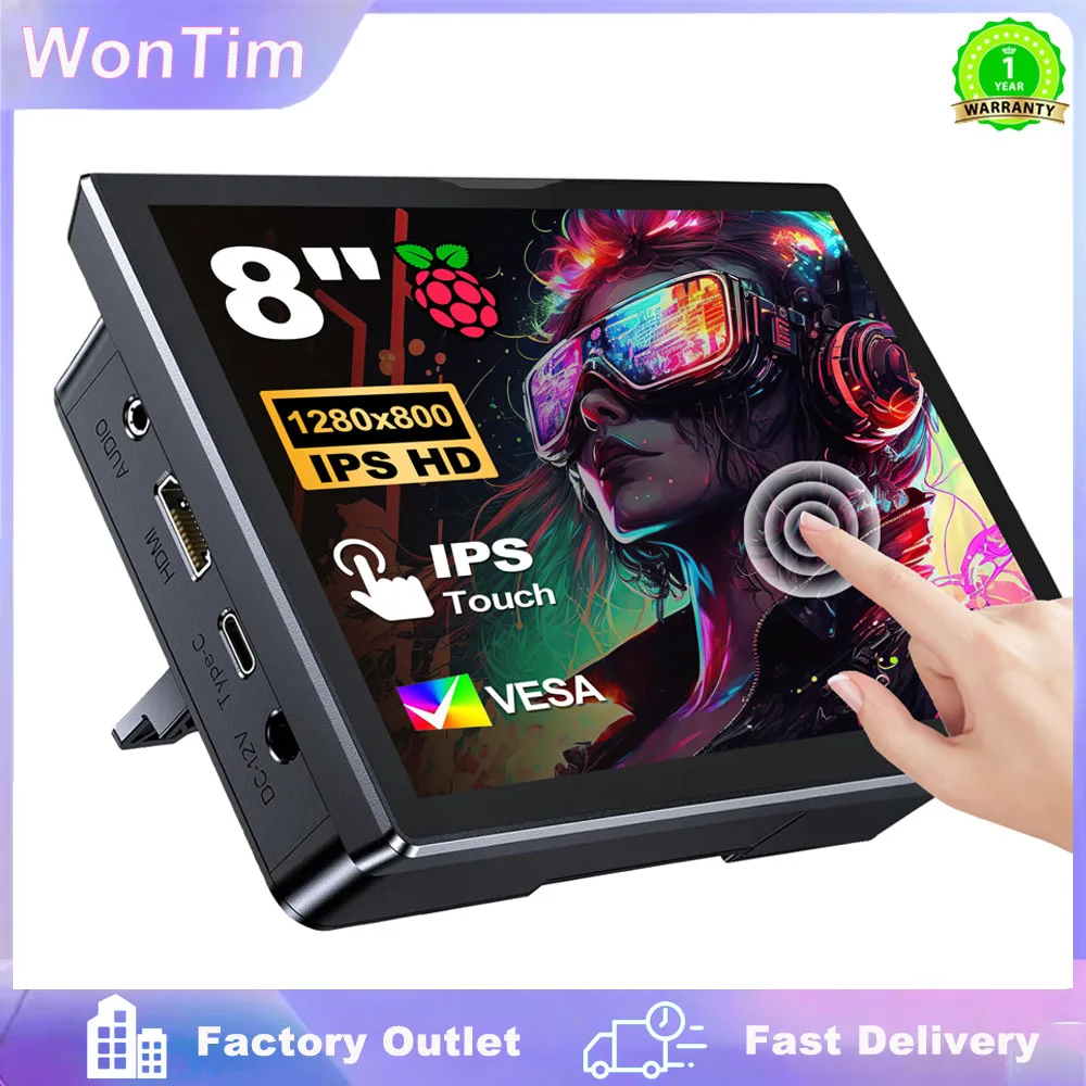 8 inch Monitor for Raspberry Pi 5 4 3 Touchscreen 1280x800 16:10 Display HDMI USB Interface for Computer Program Monitors