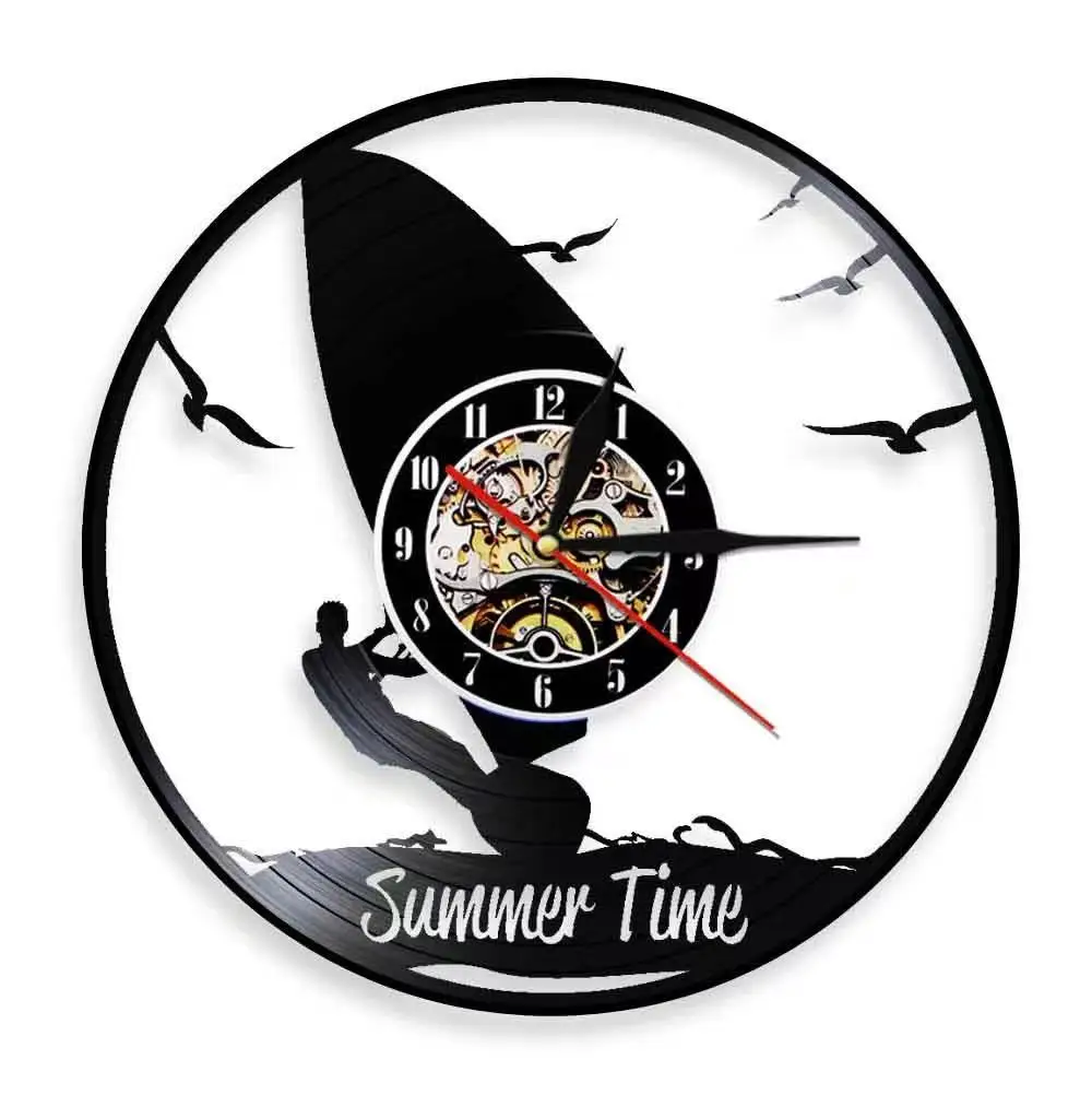 LED Backlit Vinyl Record Windsurfing Wall Clock Sailboat Silhouette Ocean Theme Night Light Summer Decor Surfer Gift