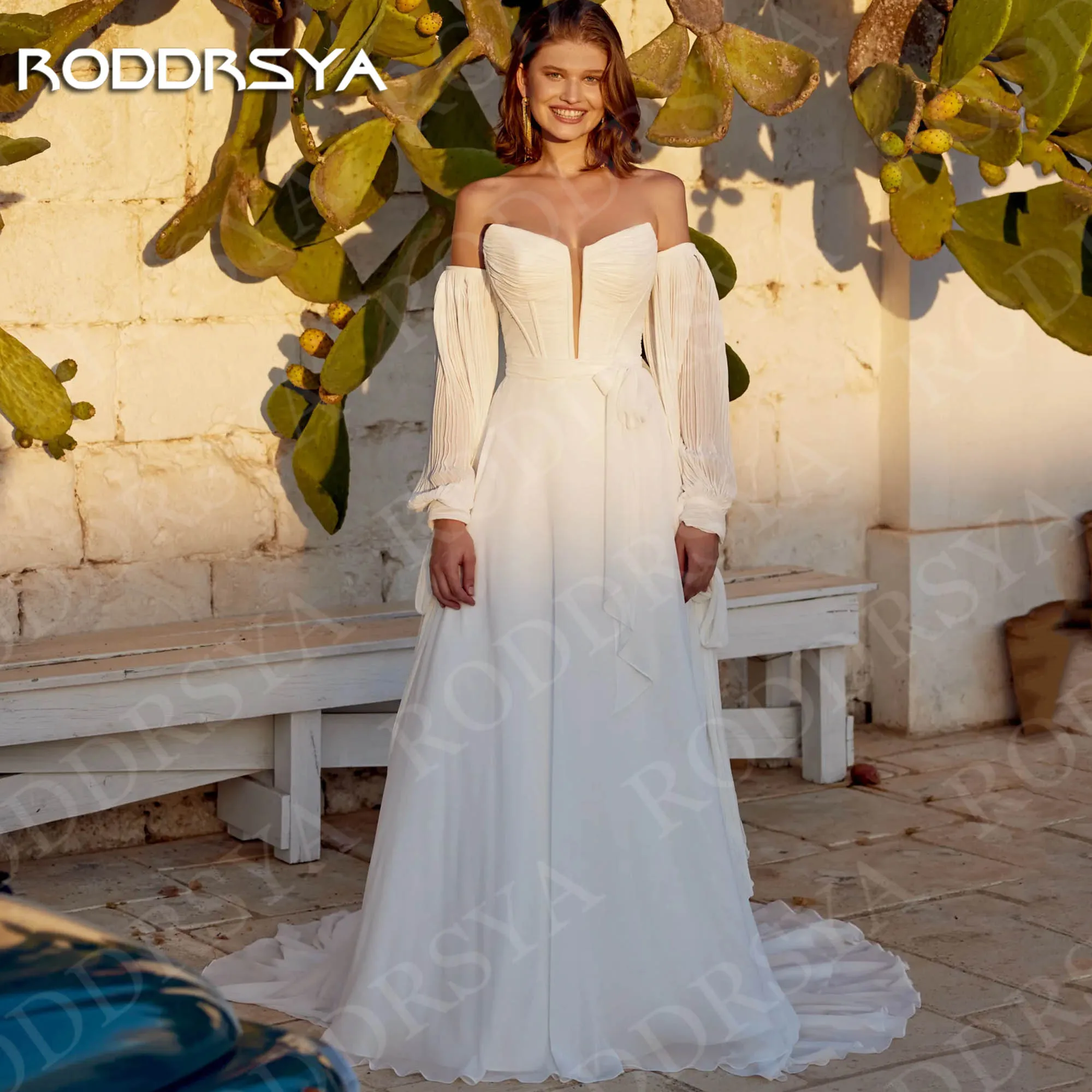 RODDRSYA Vestido de novia bohemio de playa manga larga abullonada elegante vestido de novia de gasa con corte en A vestidos de novia civiles personalizados Vestido de novia de playa bohemia manga larga puff elegante de