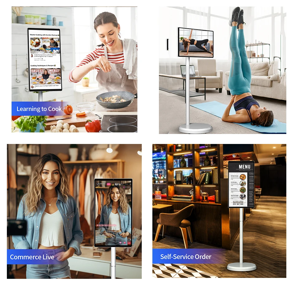 شاشة Lcd تعمل بالبطارية تعمل بنظام أندرويد مقاس 21.5 بوصة مع حامل شاشة تعمل باللمس تلفزيون محمول متحرك تلفزيون ذكي متنقل لغرفة المعيشة