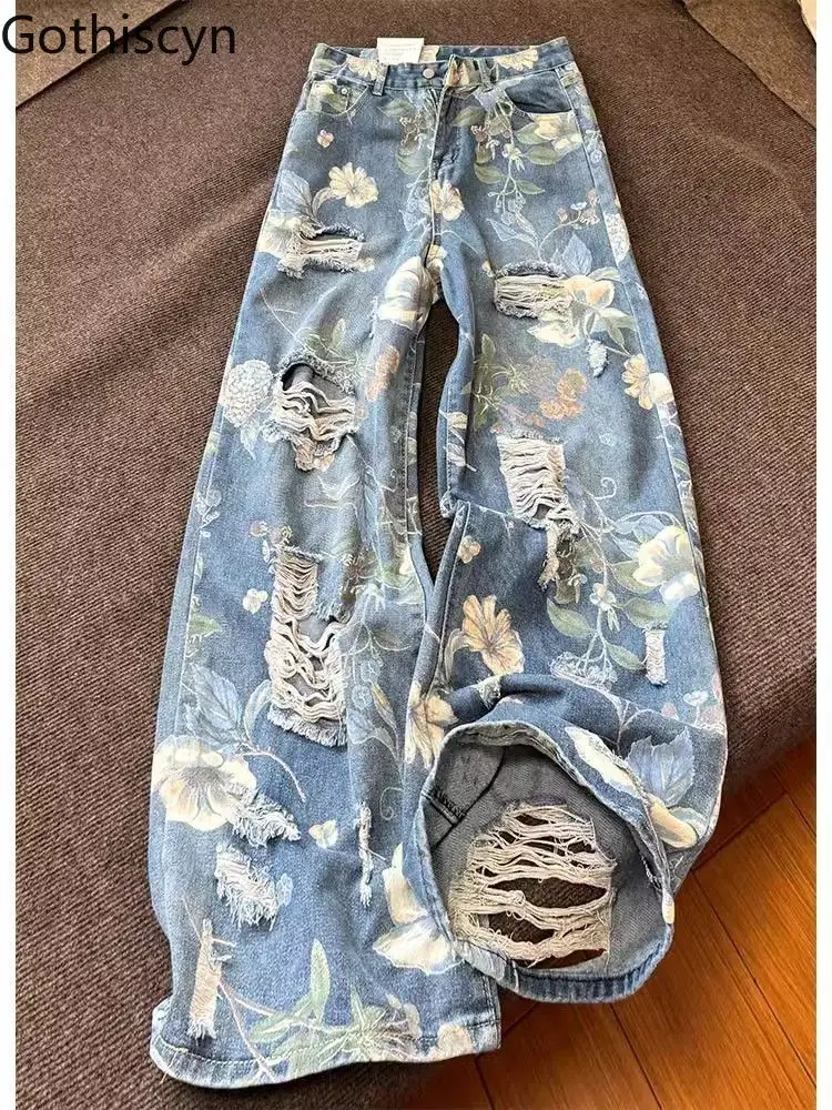 

Gothiscyn American Retro Printed Hole Jeans Women's Summer High Waisted Floral Wide Leg Pants Fashion Female Clothes