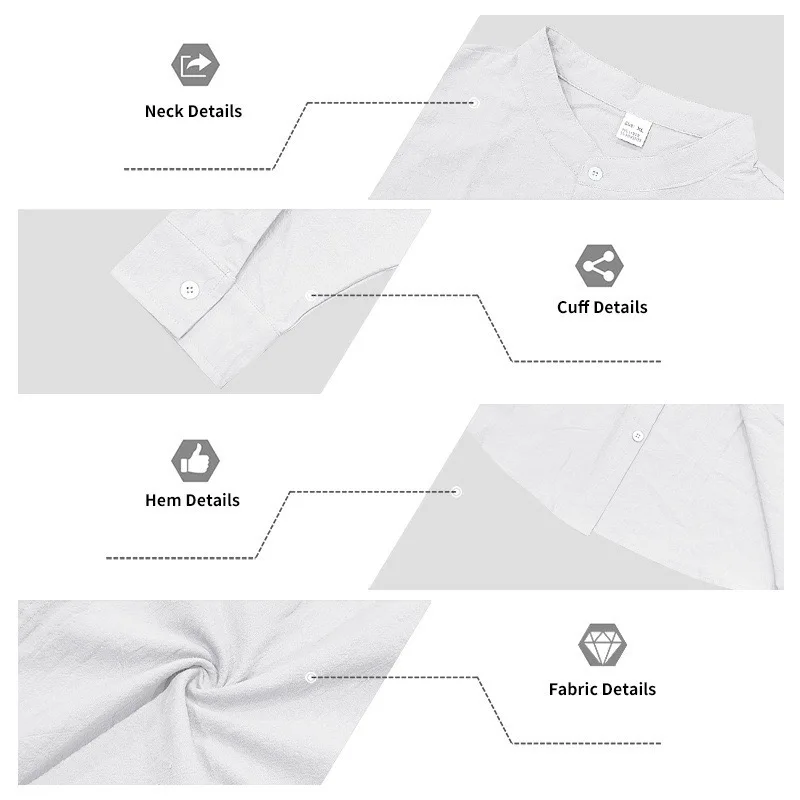 Men White Linen Button Down Long Sleeve Shirt Mandarin Collar Chest Pocket Roll Tab Cuff Loose Oversized Breathable Textured Beach Vacation Casual Holiday Top