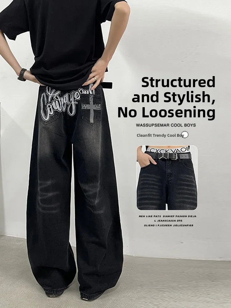 

Мужские повседневные свободные джинсы Bla в американском уличном стиле с вышивкой букв, прямые широкие брюки с эффектом потертости