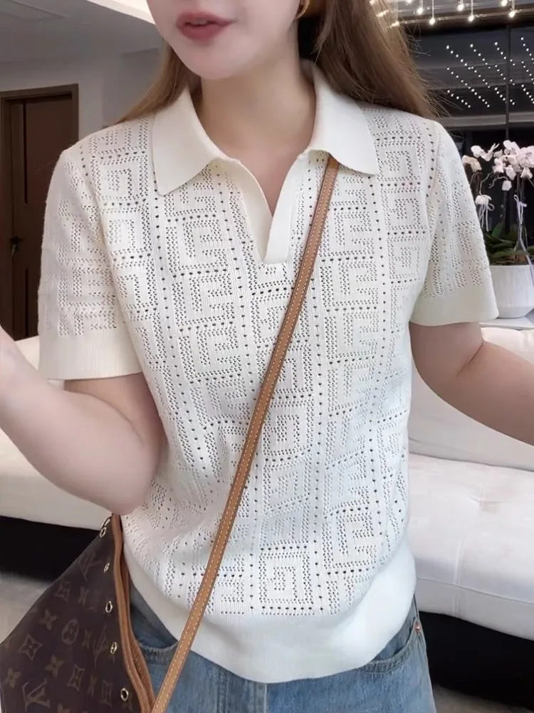 Branco jacquard malha camisola t feminino 2025 verão elegante chique moda senhoras topos malhas manga curta oco para fora jumpers