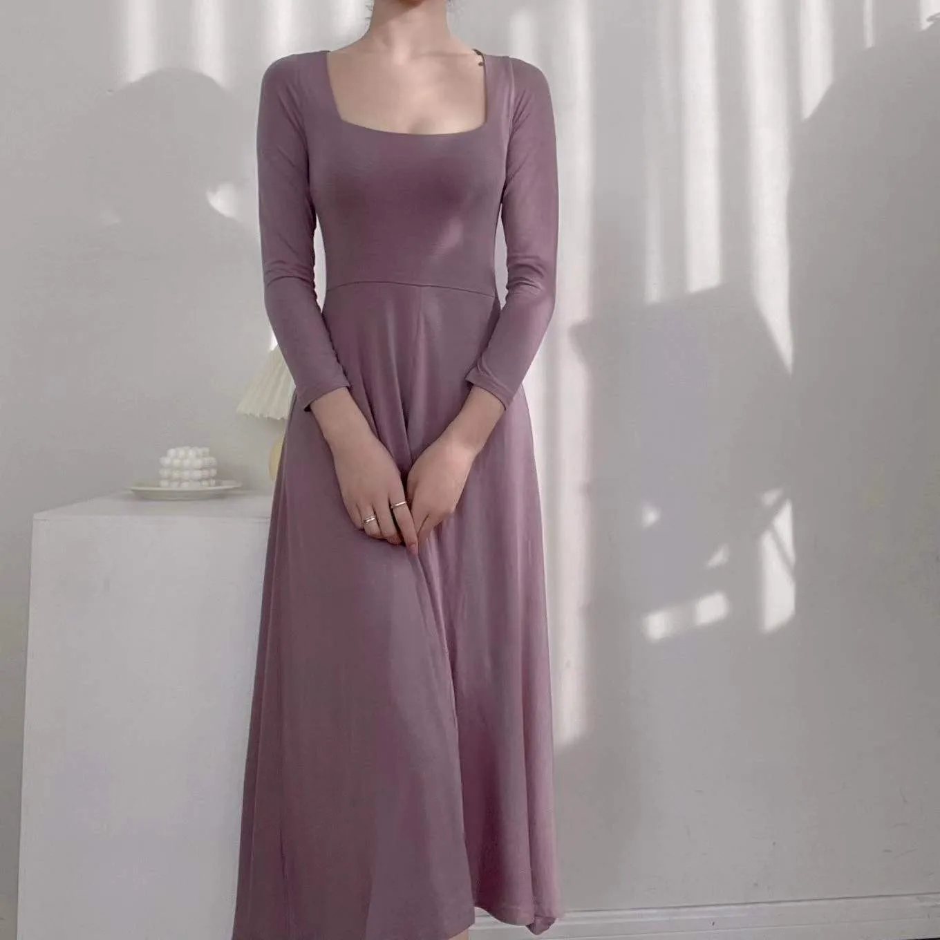 Retro dupla camada quadrada ne dr algodão longo sve doce sle busin casa wear fino ajuste primavera verão outono