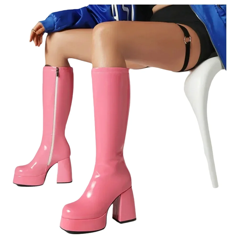 Bottes hautes en cuir verni violet imperméables à plateforme, talon épais de 10 cm, bottes de scène, pointure 35-48, fermeture éclair, bout carré, bottes longues latérales