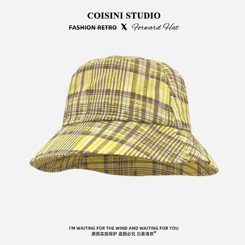 

Korean Version of Spring and Summer Plaid Thin Bucket Hat Outdoor Versatile Shade Trend Wide-brimmed Panama Bob Cap for Women's