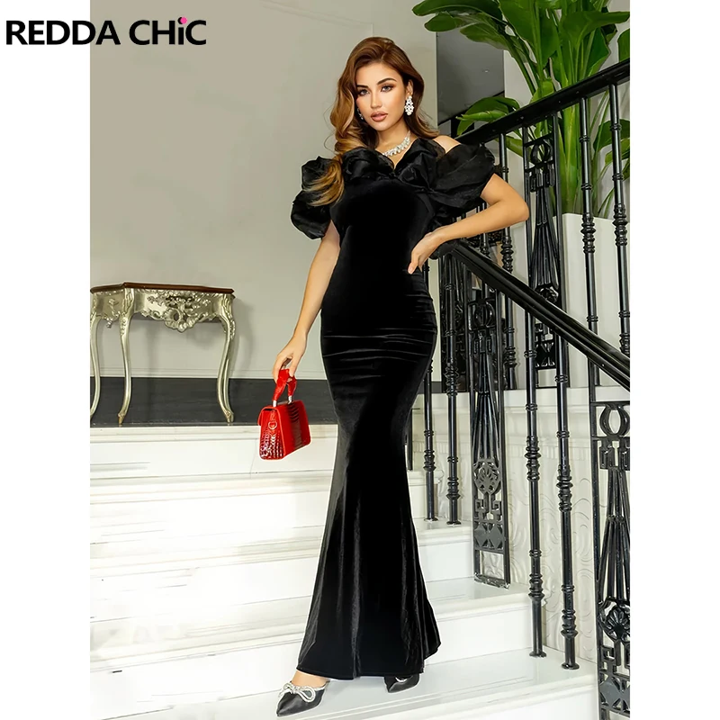 

REDDACHiC Ruffle Off Shoulder Evening Dress Women Slim Black Velvet Fishtail Bodycon Evening Gown Cocktail Party Formal Clothes