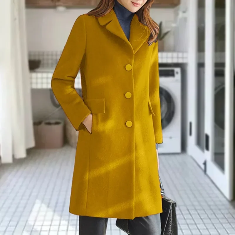 Autumn Winter Women's Woolen Coat Multi-color Long Temperament Long Sleeve Solid Color Pocket Single Breasted Fashion Warm Coat