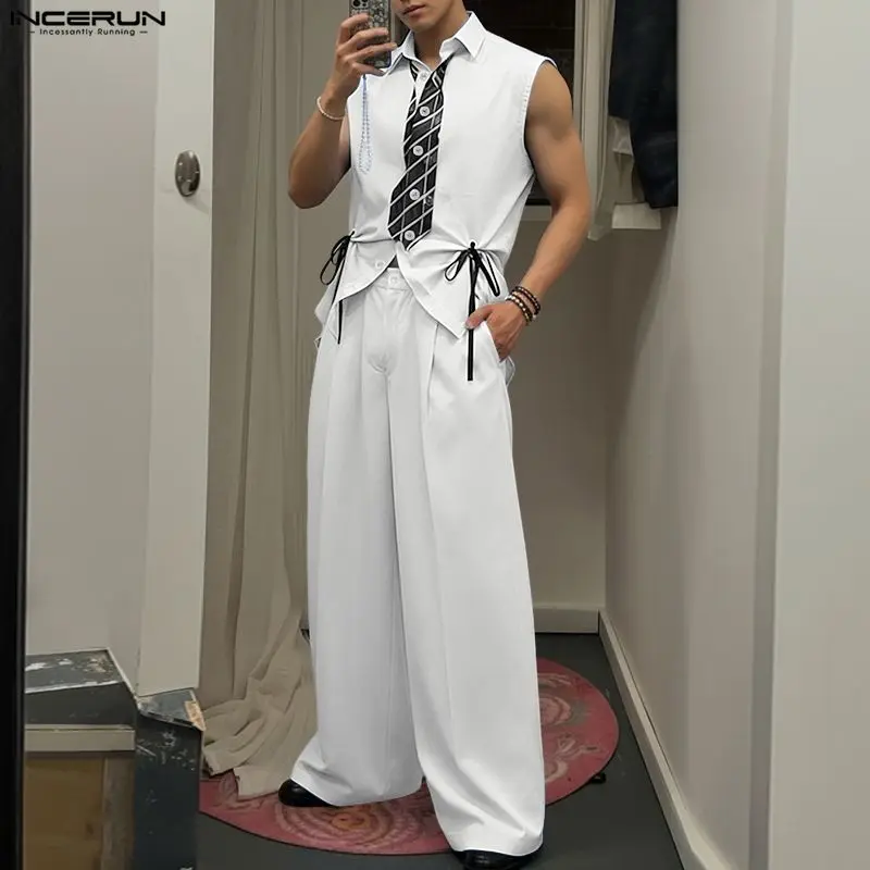 INCERUN Männer Sets Druck Revers Ärmellose Spitze Up Crop Hemd & Hosen Zwei Stücke Sets Streetwear Lose Mode Männer Casual Anzüge