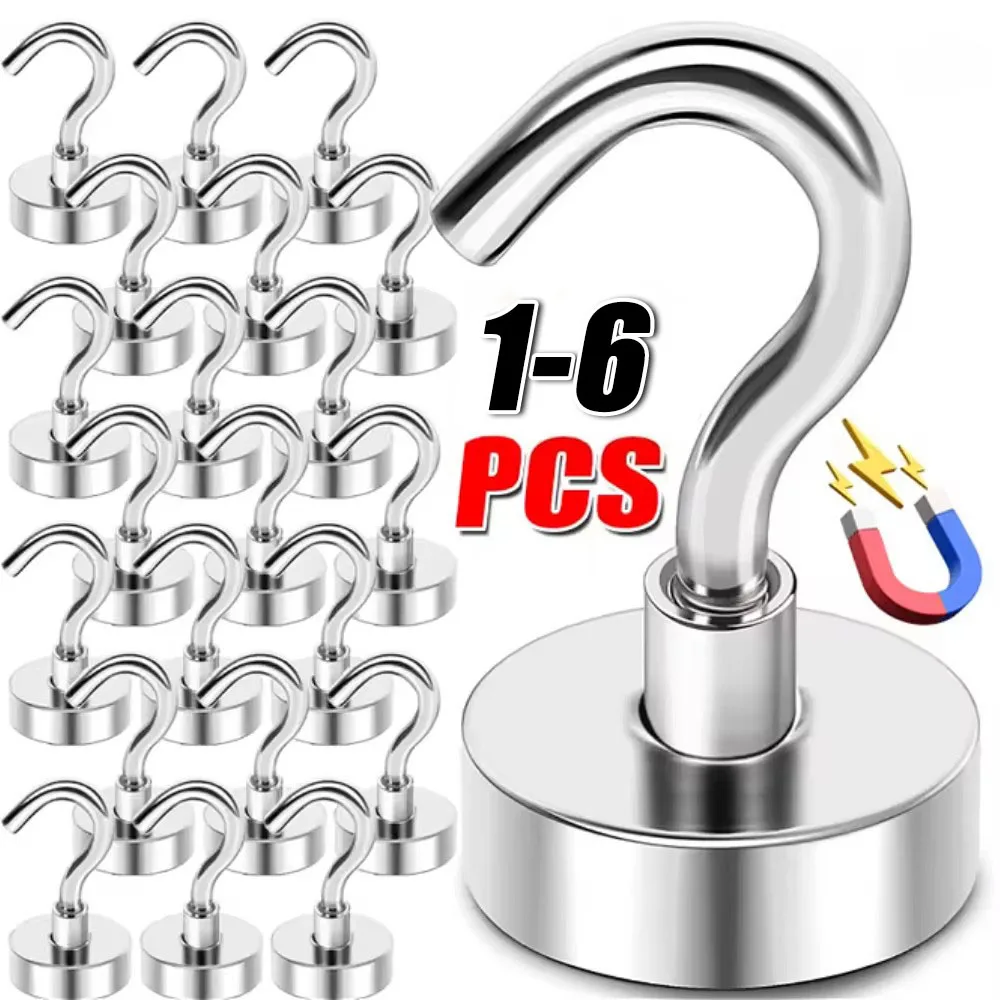1-6PCS Strong Neodymium Magnetic Hook Hold Up To 12kg 5Pounds Diameter 20mm Magnets Quick Hook For Home Kitchen Workplace etc
