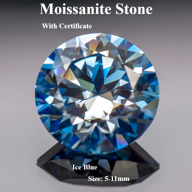 

Moissanite Gemstone Ice Blue Colour Round Cut Lab Synthetic Created Heat Diamond for DIY Jewelry Making with Certificate