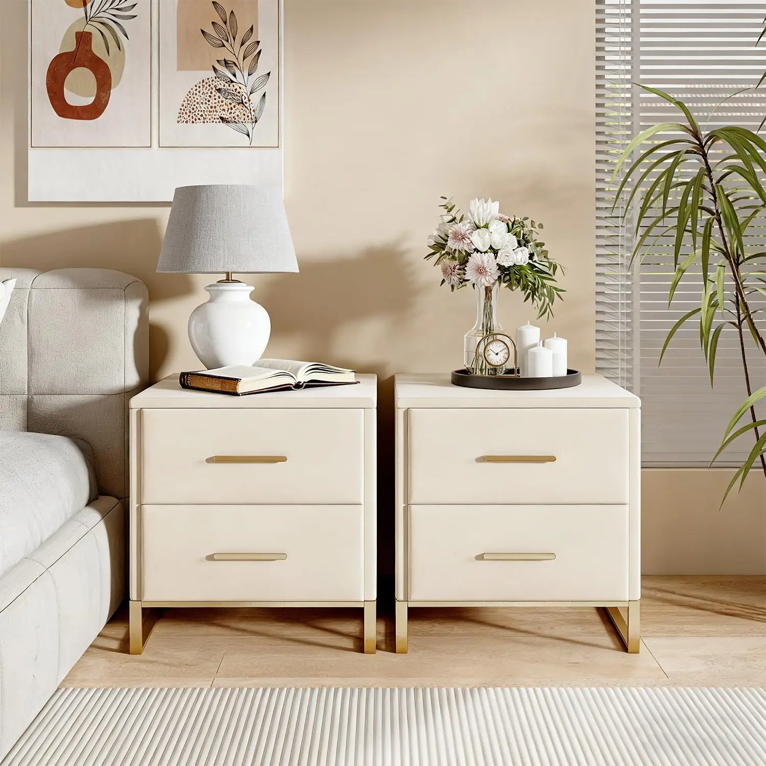 Rosahqnda Nachttisch 2-teilig Beige mit 2 Schubladen Verzinkter Sockel Gold Nachttisch 2-teilig für Erwachsene Kinder Beistelltisch