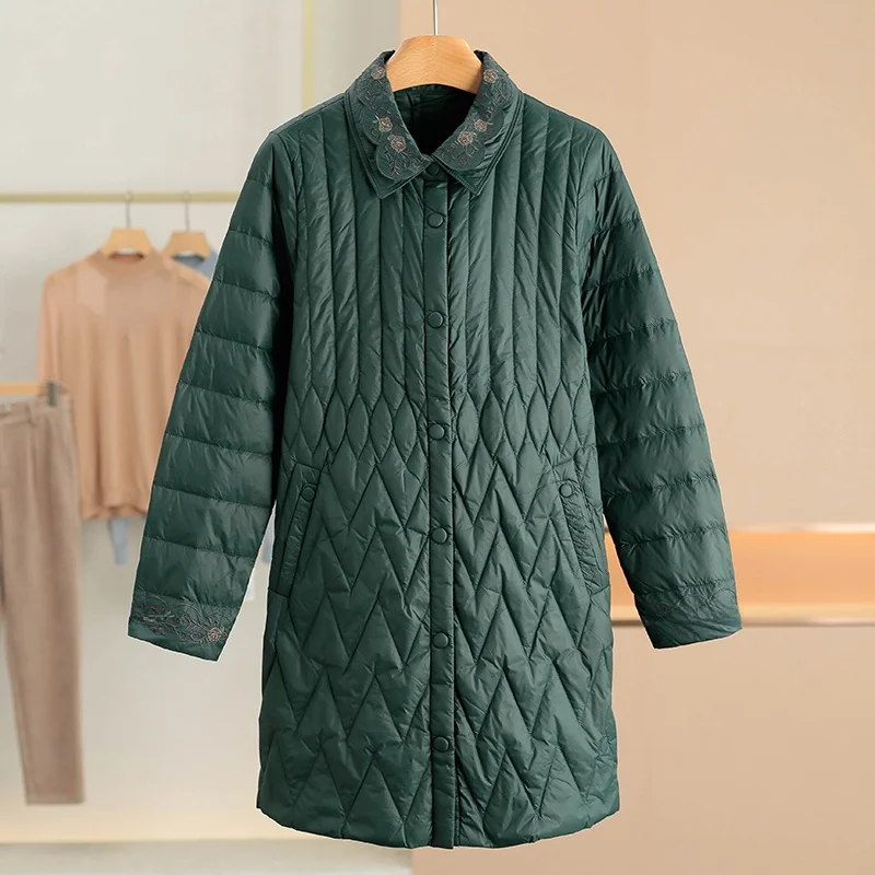 

Lightweight Double Layer Embroidered Collar Single Button down Jacket Duck down Padded Coat for Women Autumn Winter Season