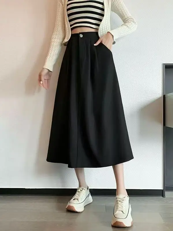 

Юбка А-силуэта с высокой талией, весенняя, больших размеров, длинная, стройнящая, в корейском стиле, для офиса/повседневной носки