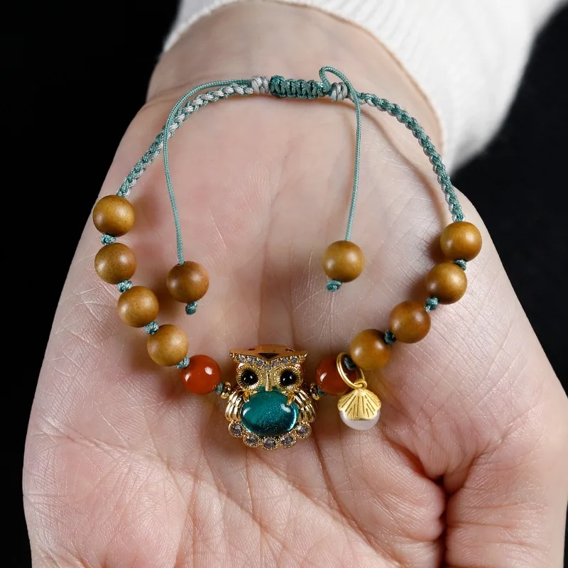 Authentic Old Sandalwood 6mm Bead Bracelet with Diamond Inlaid Owl 925 Silver Plated Gold Exquisite Lucky Bracelet Gifts
