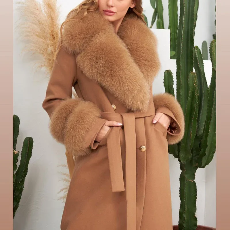 2024 Autumn Winter Luxurious Fox Fur Collar Double-sided Cashmere Coat for Women Suit Collar Warm Wool Coat Jacket for Women