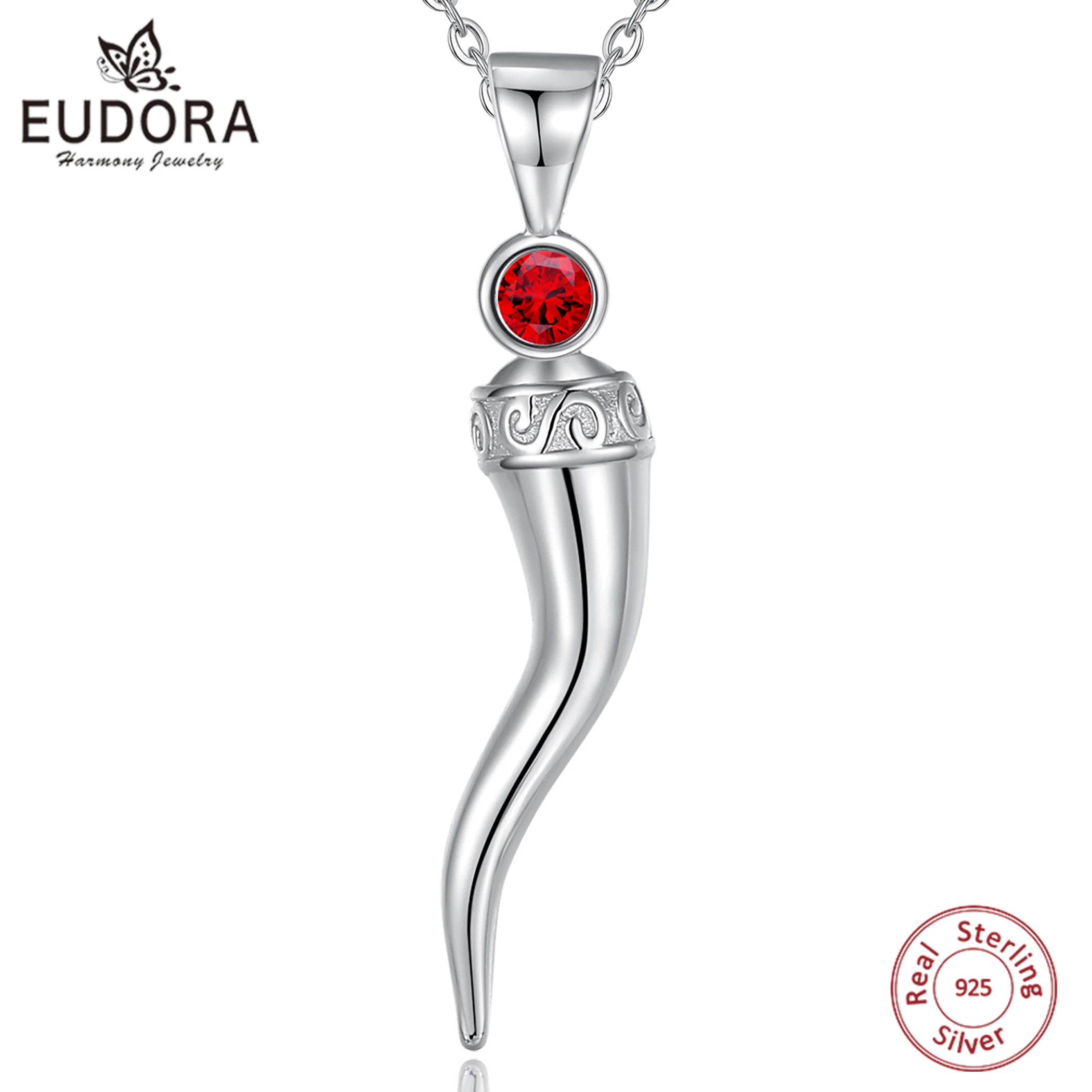 Eudora 925 Sterling Silver Italian Horn Pendant for Women Men Red CZ Good Luck Friendship Dreams Amulet Necklace Fine jewelry