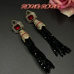 European and American Heavy-duty Retro Shoulder-sweeping Long Tassel Earrings Inlaid with Diamond Gemstones Vintage Earrings