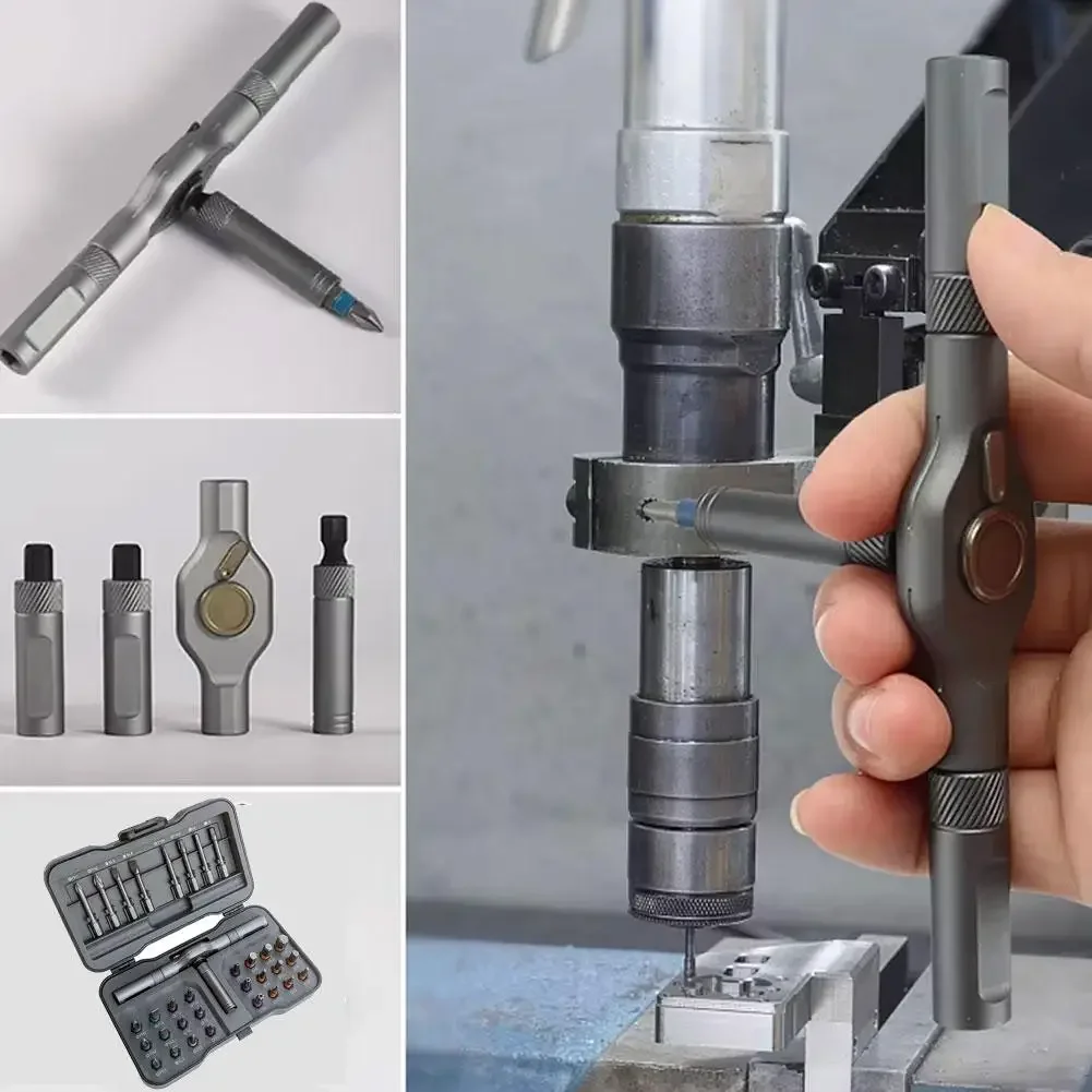 

Magnetic Ratchet Screwdriver Kit 32-in-1, T-Handle Torque Driver with Removable Magnetizer, Multi-Bit DIY Hand Tool Set