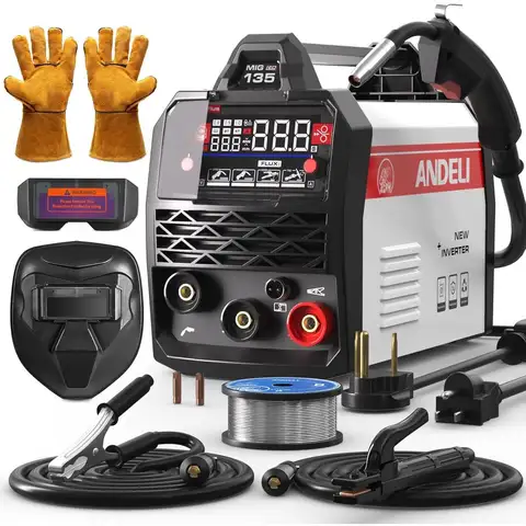 4-in-1 Pulse MIG Welder with LED Display, 110V/220V, MIG/TIG/Stick/Gasless MIG, Full Kit with Helmet & Gloves