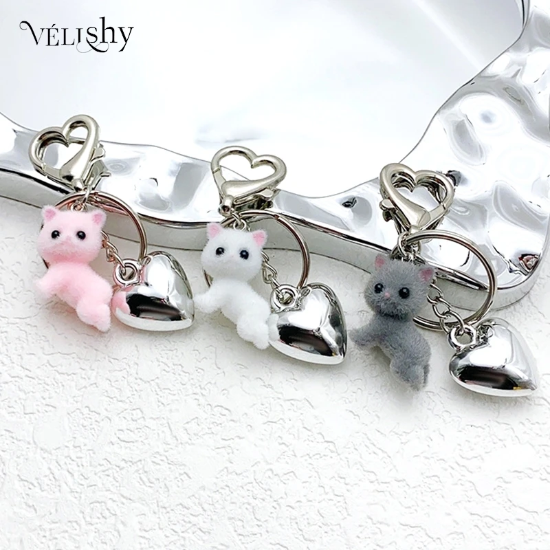 Y2K Flocking Cat Heart Keychain Cartoon Cat Keyring Bag Car Key Pendant Backpack Hanging Decoration Key Holder Gifts