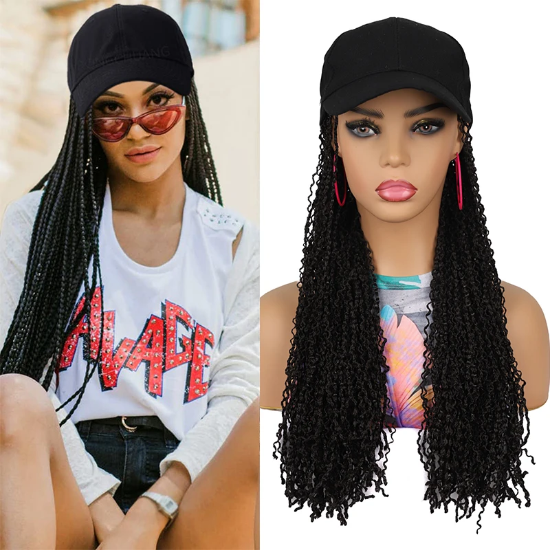 Gorra de béisbol con trenzas Zizi Box, extensiones de cabello para mujer, de 16 pulgadas Peluca de pelo sintético, sombrero de béisbol con rastas