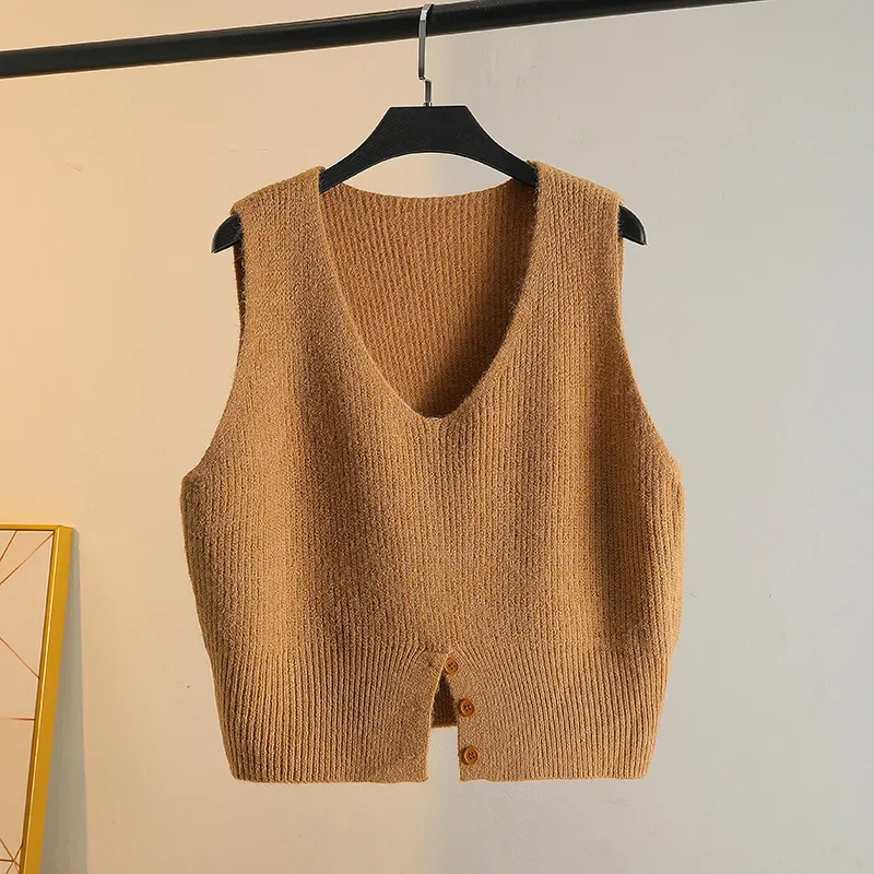 Autumn Winter V-Neck Knit Vest Three Buttons Cropped Shoulder Polo Collar Sleeveless Pullover Fashionable Niche Cropped Knitwear