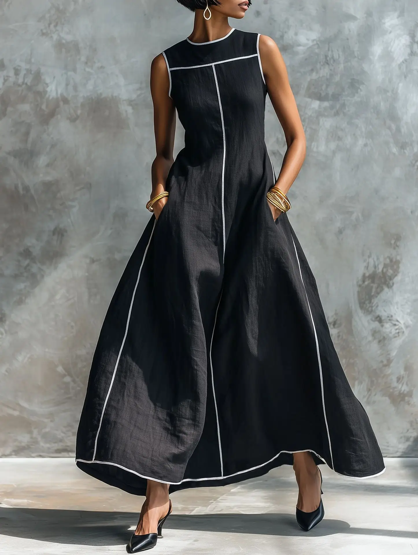 Sommer Damen Casual Farbblockierung Schickes Maxikleid O-Ausschnitt Urlaubs-Mode Elegantes Partykleid Ärmellos Einfache Damenkleider