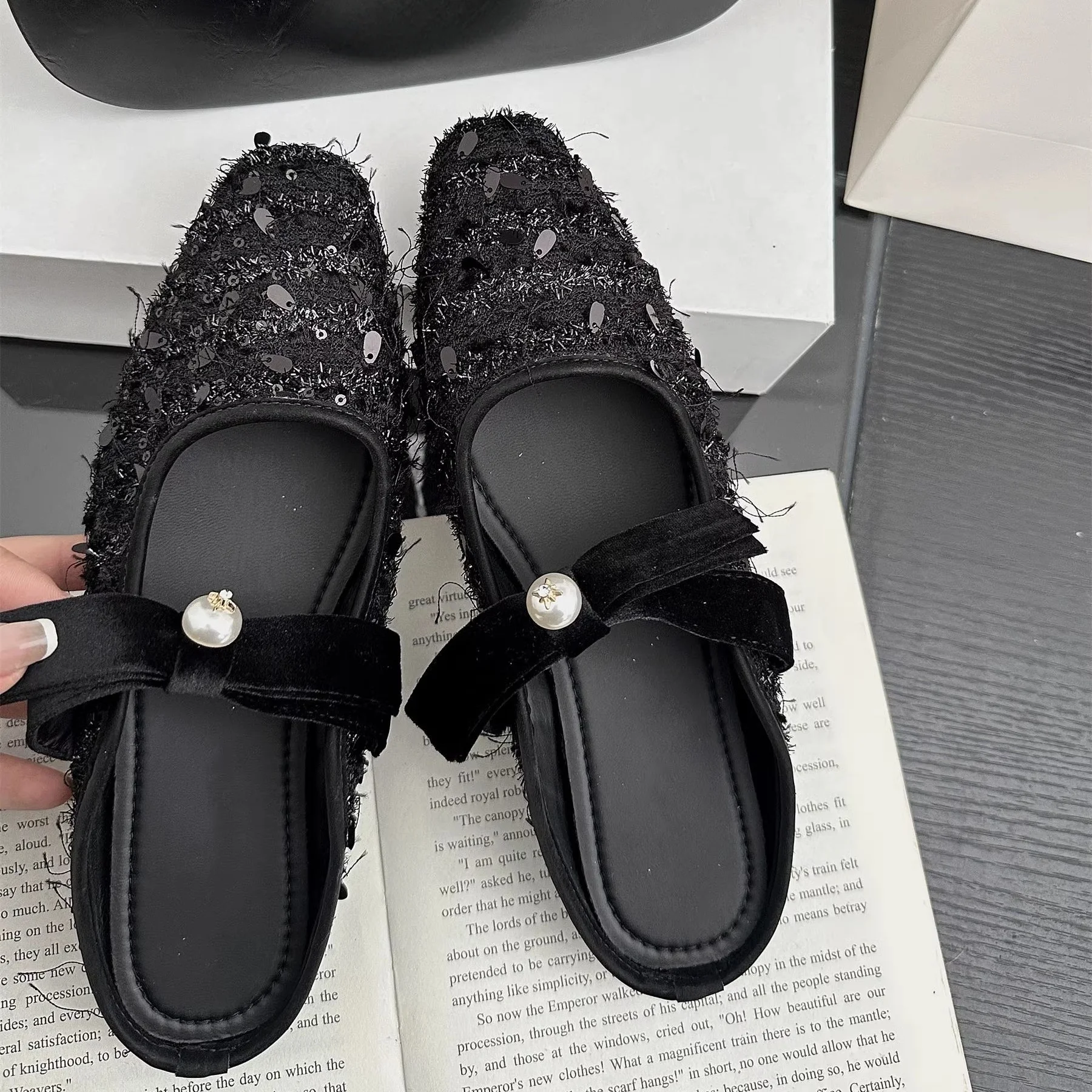 

Новинка весны 2024, женские уличные тапочки с завернутым носком, элегантная темпераментная женская обувь на массивном каблуке с блестками и бантом