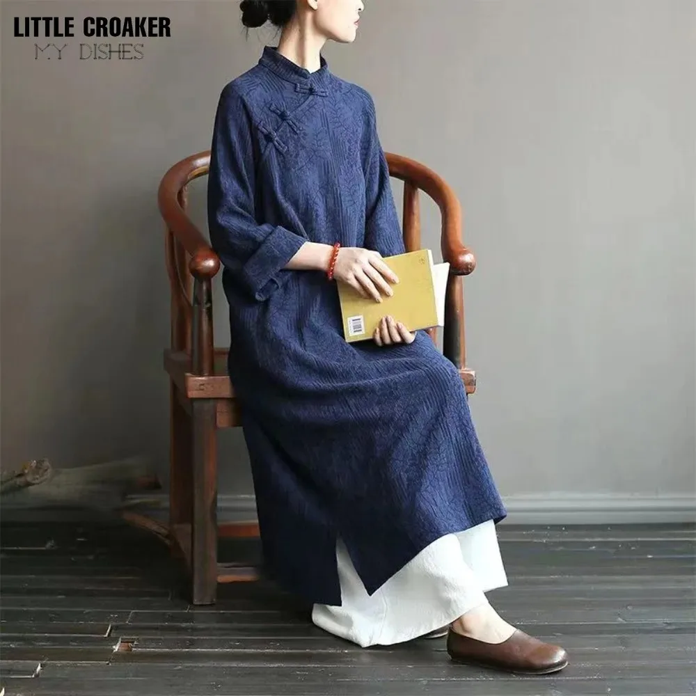 Retro Improved Qipao Navy Qi Pao Modern Dress Woman A-line Cheongsam Long Dress Female Versear Women Autumn Cheongsam Dress