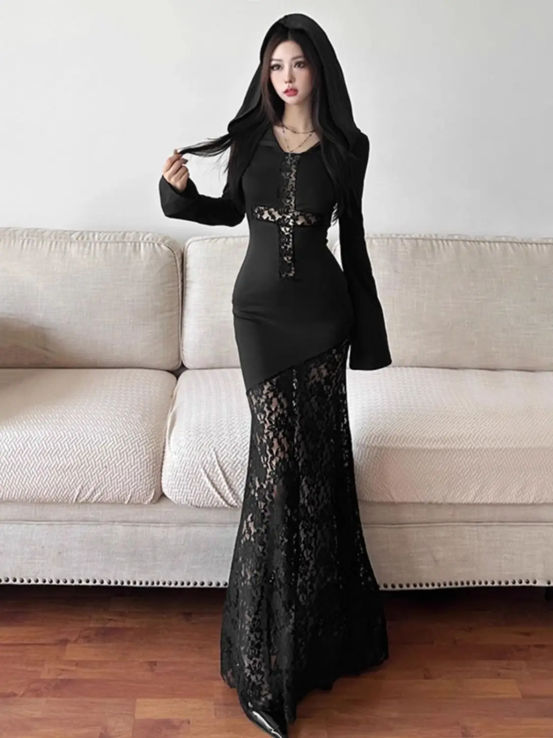 

2025 Autumn Lace Patchwork Hooded Dress for Women Slim Fit and Slimming Hollowed Out Long Skirt