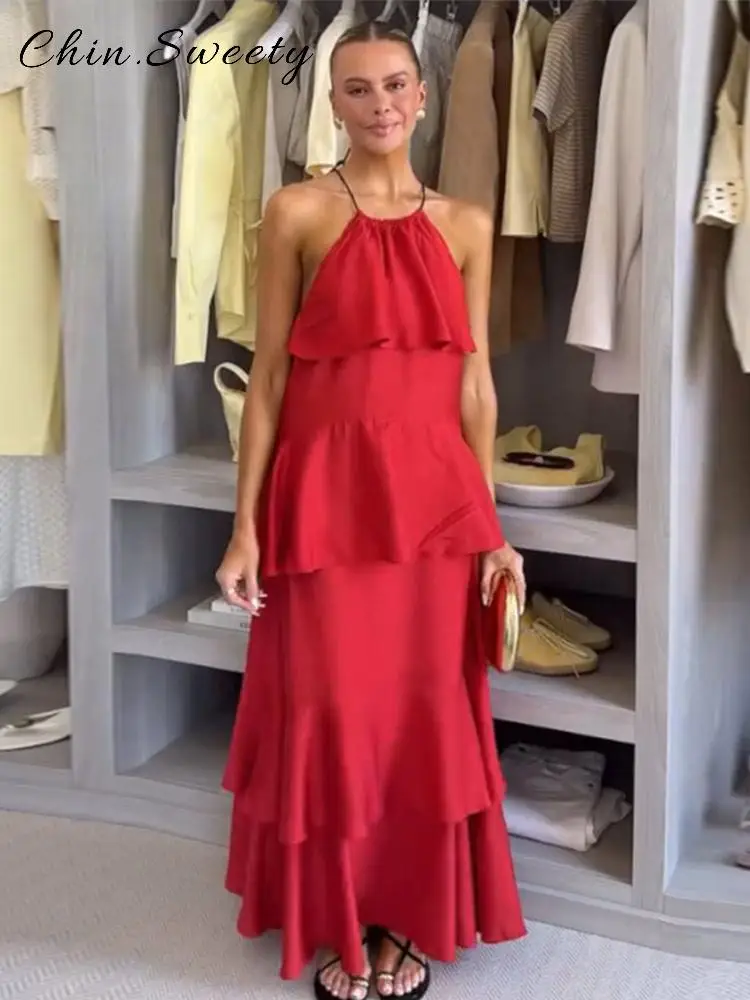 Elegante halter em camadas plissado vestido longo feminino sólido solto sem mangas rendas até vestidos 2025 verão senhora praia férias roupas