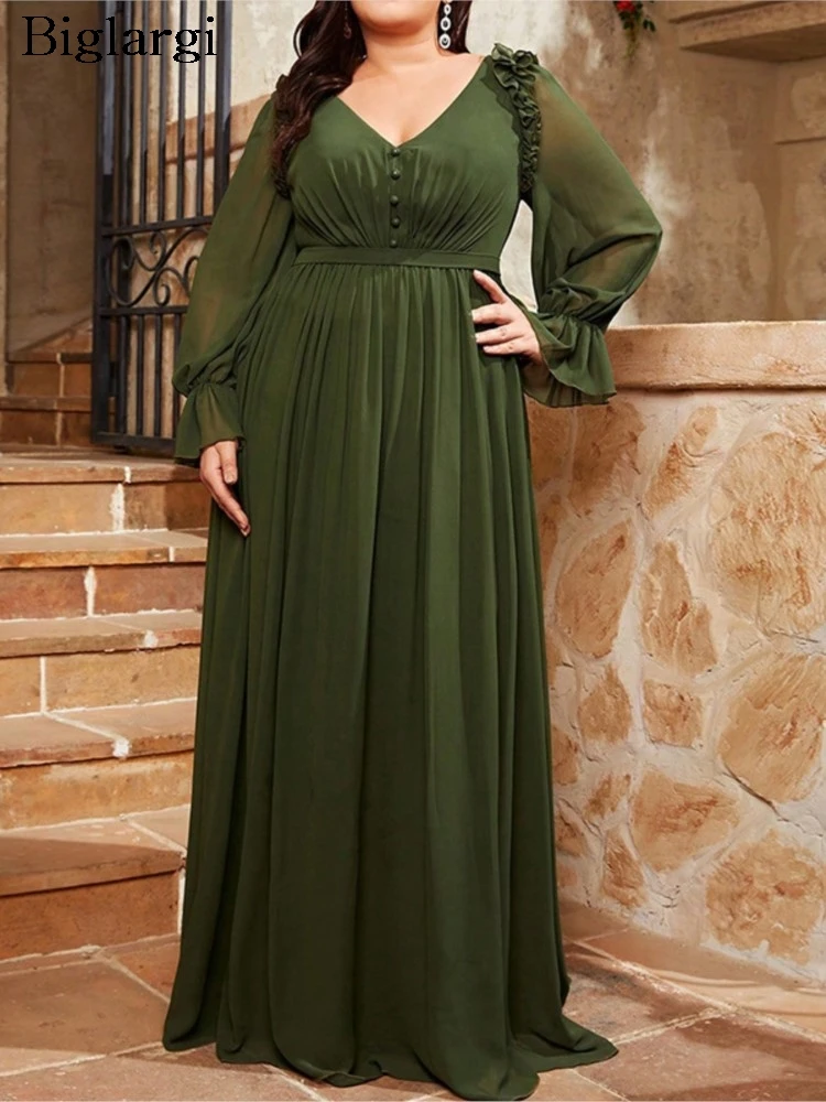 Plus Size Autumn V-Neck Long Dress Women Ruffle Pleated Fashion Loose Ladies Dresses Long Sleeve See Through Woman Dress