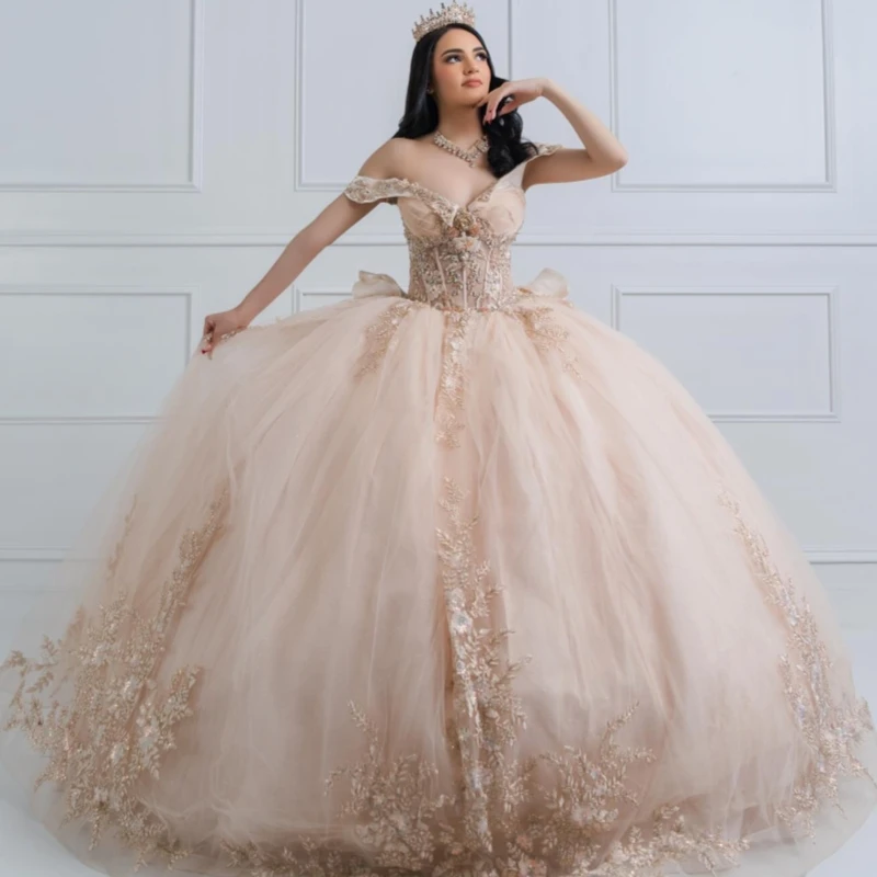 

Блестящие платья Quinceanera цвета шампанского с открытыми плечами, аппликация, кружевные бусины, тюлевой корсет, вечерние, день рождения, милое платье 16, Vestidos 15