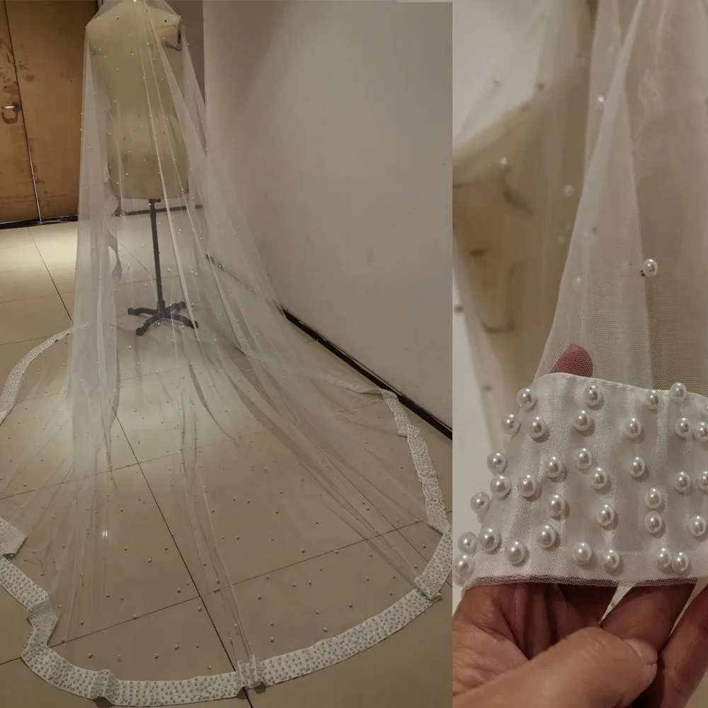 Pearls Wedding Veil Luxurious Ribbon Edge Bridal Veils Long Bridal Party Veils Wedding Accessories 300*300 Customized