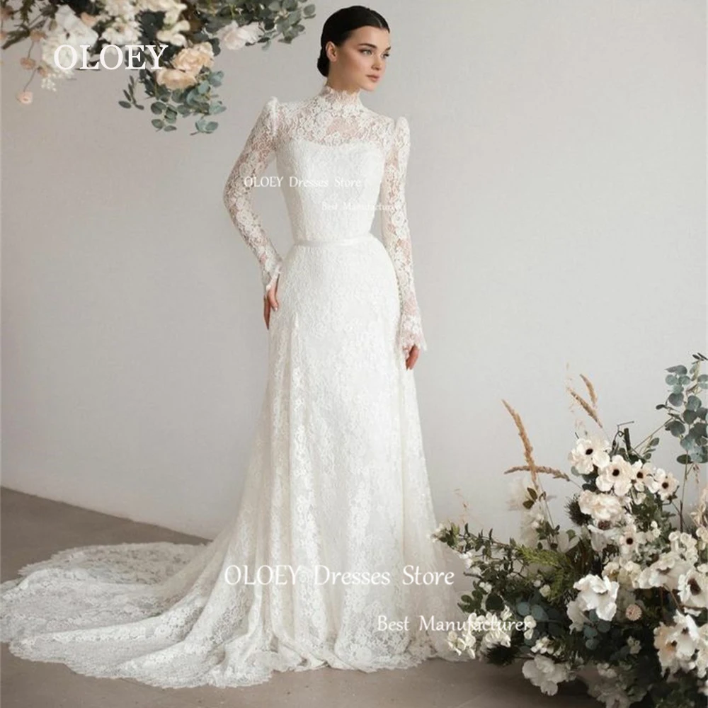 

OLOEY Exquisite Ivory Lace Wedding Dresses High-Neck Long Sleeves Vestido De Noiva Floor Length Sweep Train Arabic Button Back