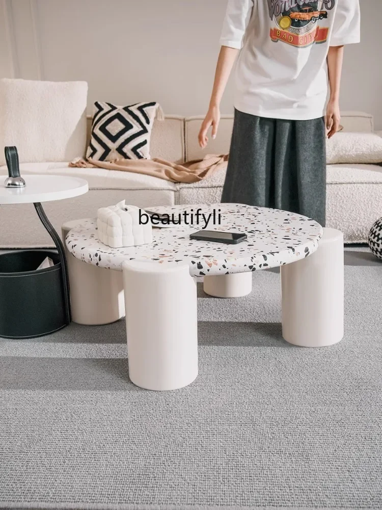 French Cream Style Tea Table Combination round Home Living Room Small Apartment Terrazzo Solid Wood Tea Table living room