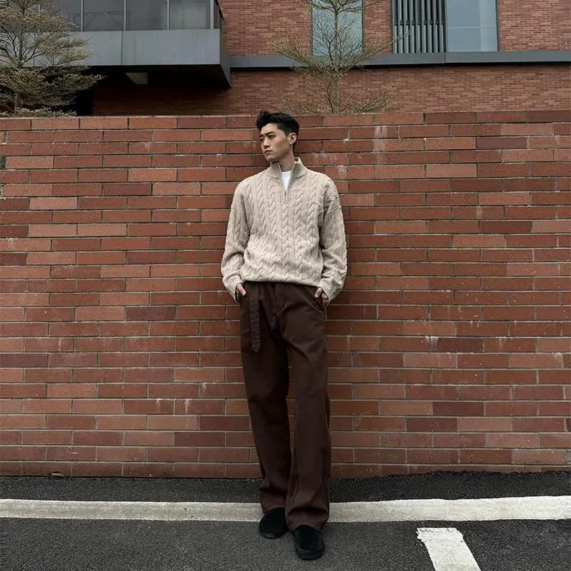 Man Knitting Base Layer 2025 Autumn Winter New Retro Lazy Sweater Half Zip Cable Knit Unisex Teen Couples Inner Wear Knit Top