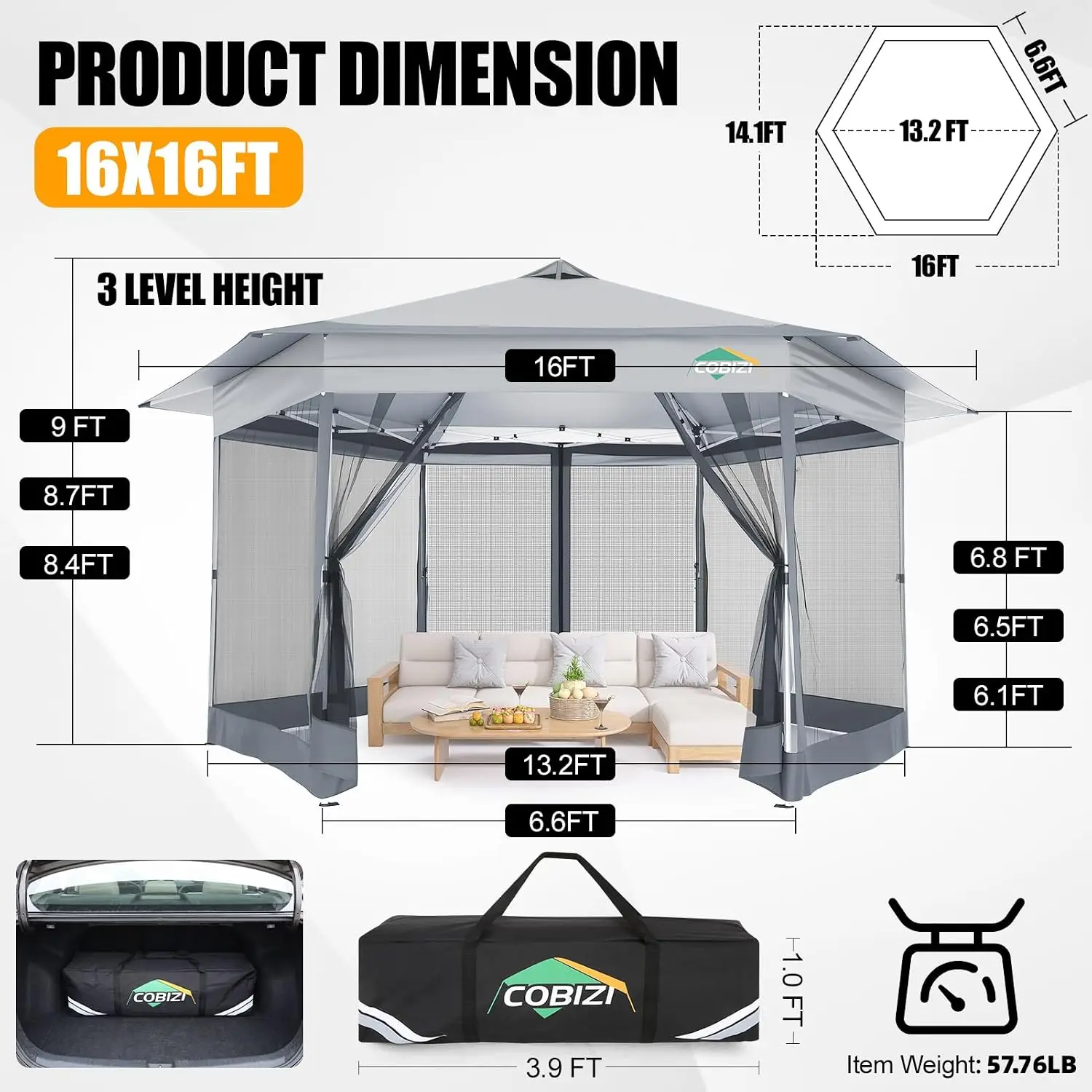 16x16 Pop Up Gazebo with Mosquito Netting,Hexagonal Screened Canopy, Customized