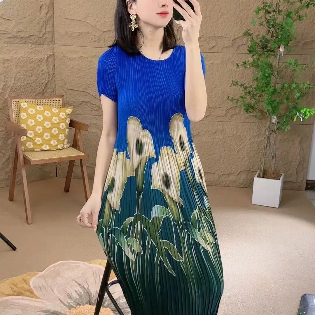 

Folded mother dress 2026 fashion summer short sleeve new temperament printing large size thin medium and long color