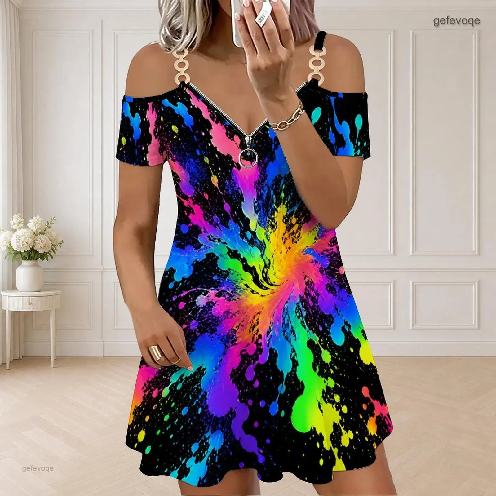 Women Rainbow Swirl Splash Print Cold Shoulder Short Sleeve Ring Zip V Neck Chain Strap Flared Dress
