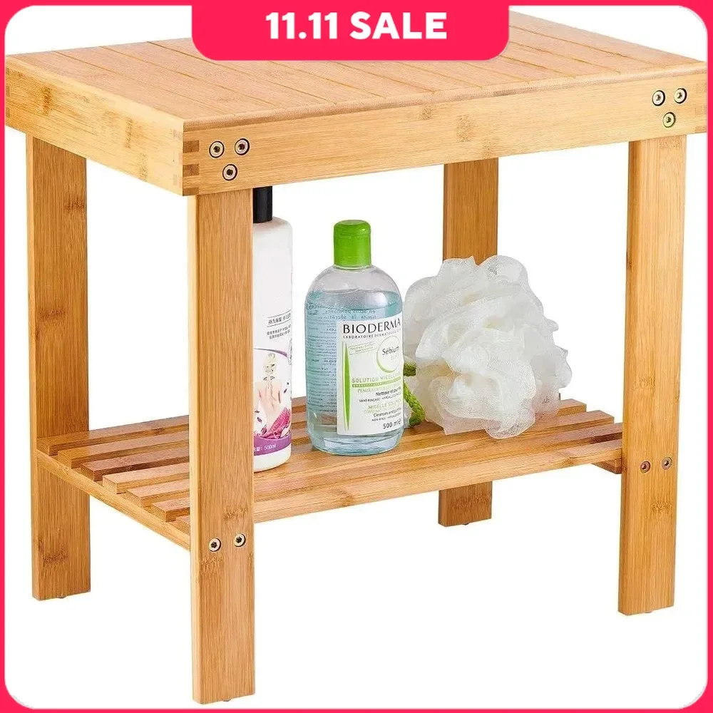 

Bench Wood Seat Stool Foot Rest Shaving Stool with Non-Slip Feets Storage Shelf for Shampoo Towel,Works in Bathroom