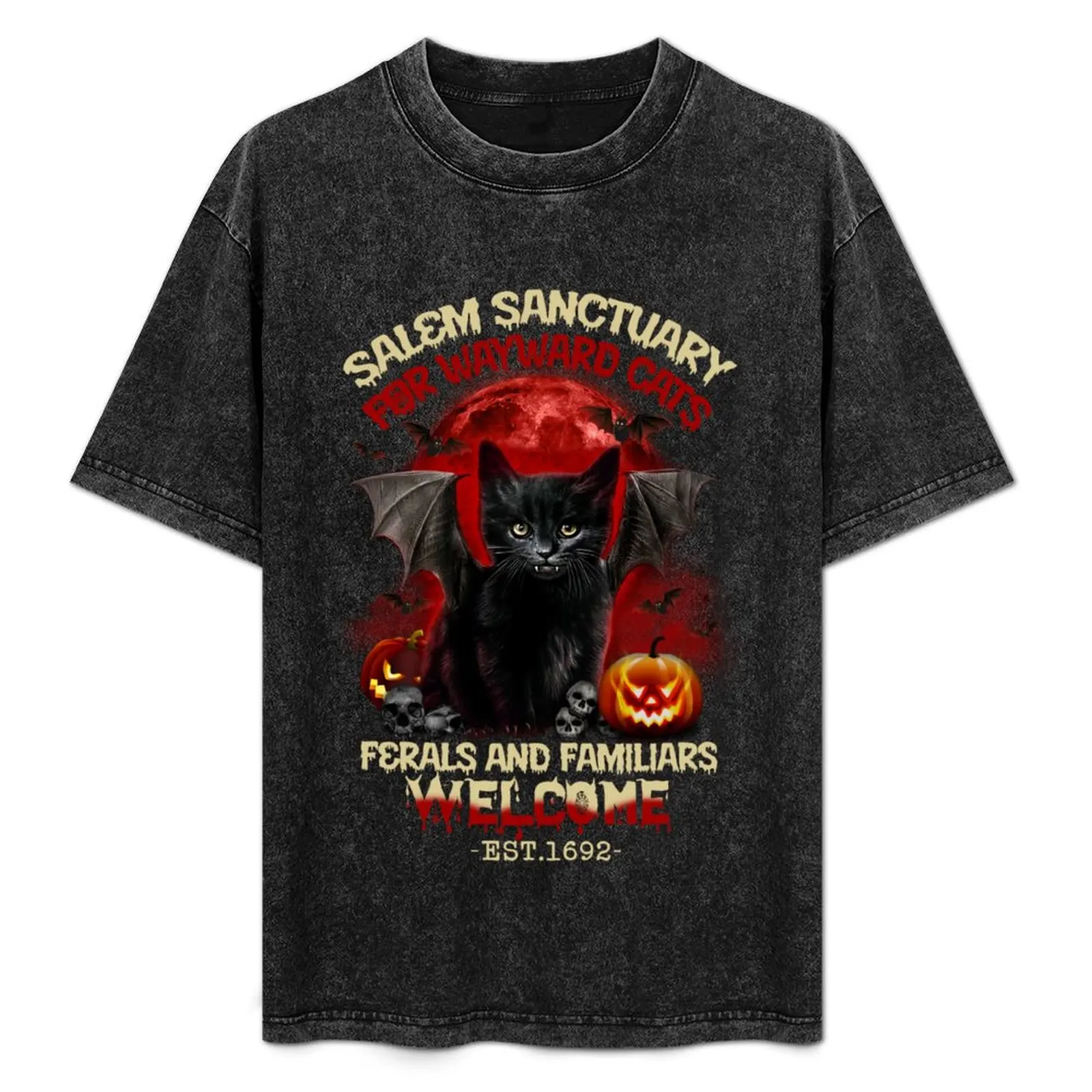 

Salem Sanctuary For Wayward Cat's Ferals And Familiars Welcome Black Cat Halloween T-Shirt Man t-shirt cotton t shirt men