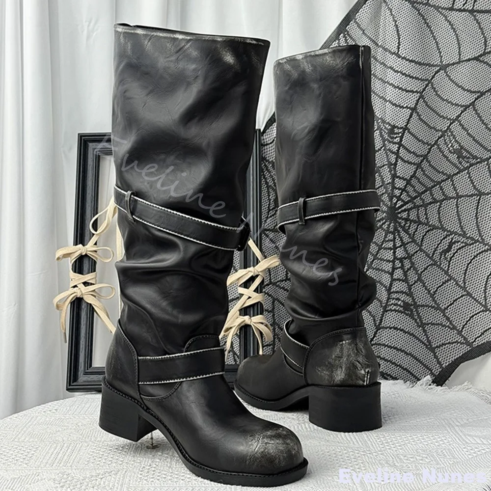 

Black Pleated Knee High Boots Women Round Toe Slip On Chunky Heel Belt Buckle Stacked Boots 2025 Spring New Casual Knight Boots